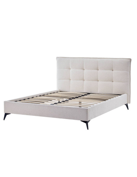 Cama tapizada Soma boucle blanca con patas metálicas negras para colchón 150x200cm