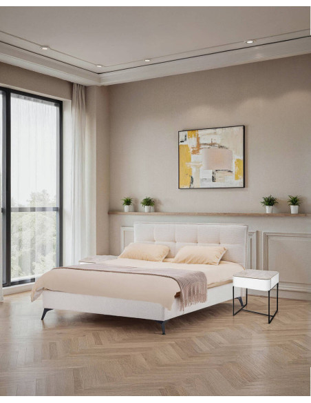 Cama tapizada Soma boucle blanca con patas metálicas negras para colchón 180x200cm