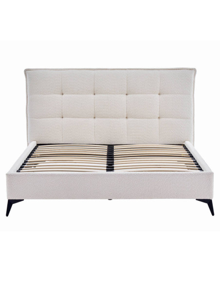 Cama tapizada Soma boucle blanca con patas metálicas negras para colchón 180x200cm