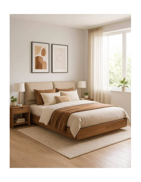 Cama de matrimonio Walnut con cabecero tapizado