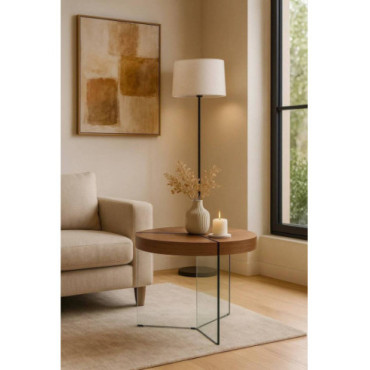 Mesa auxiliar Kaon redonda de nogal con patas de cristal...