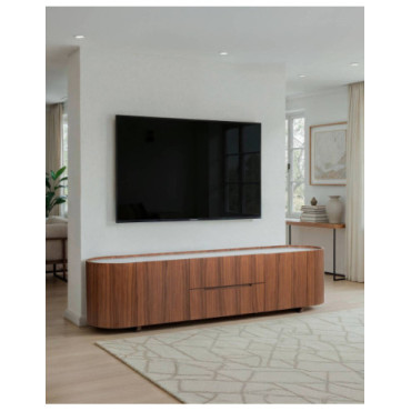 Mueble TV Antea en nogal con diseño redondeado y tapa en...