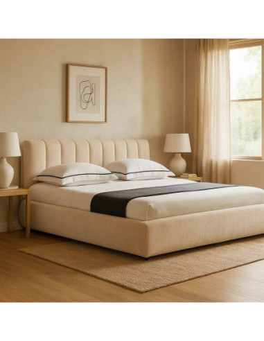 Cama tapizada beige con cabecero...