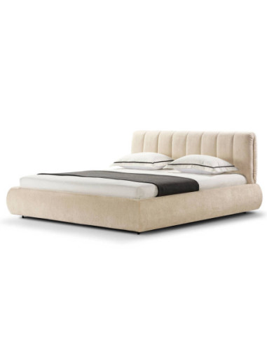 Cama tapizada beige con cabecero...