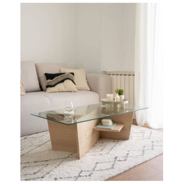 Mesa centro Balwind cristal y base de madera 110 x 60 cm