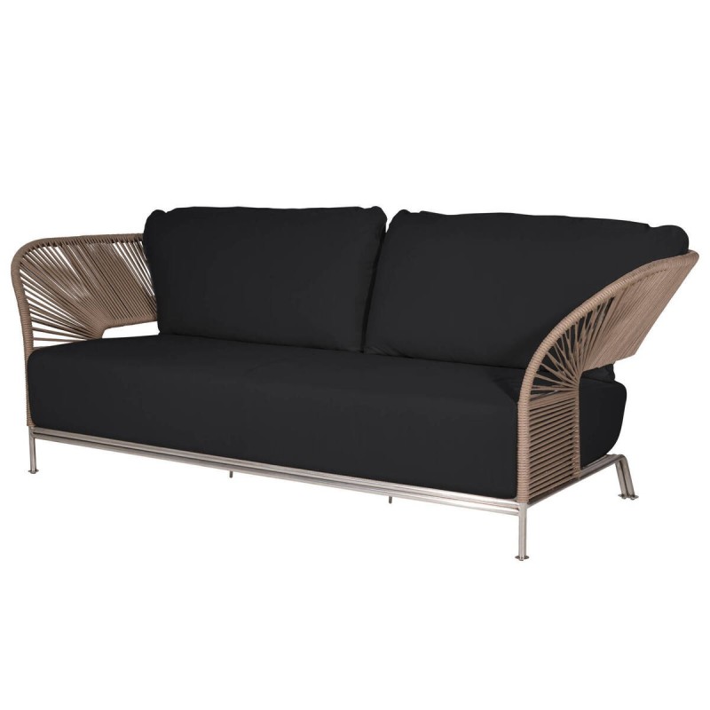 SOFÁ TRES PLAZAS EXTERIOR CUERDA TRENZADA COLOR ARENA - TELA GRIS ANTRACITA (231x90x72cm)