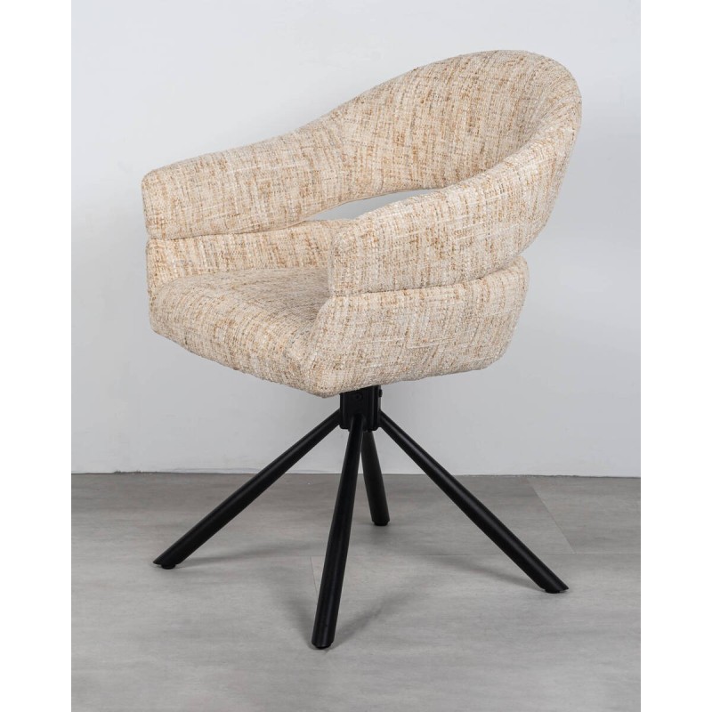 Silla giratoria Arles tapizada en bouclé arena con patas negras