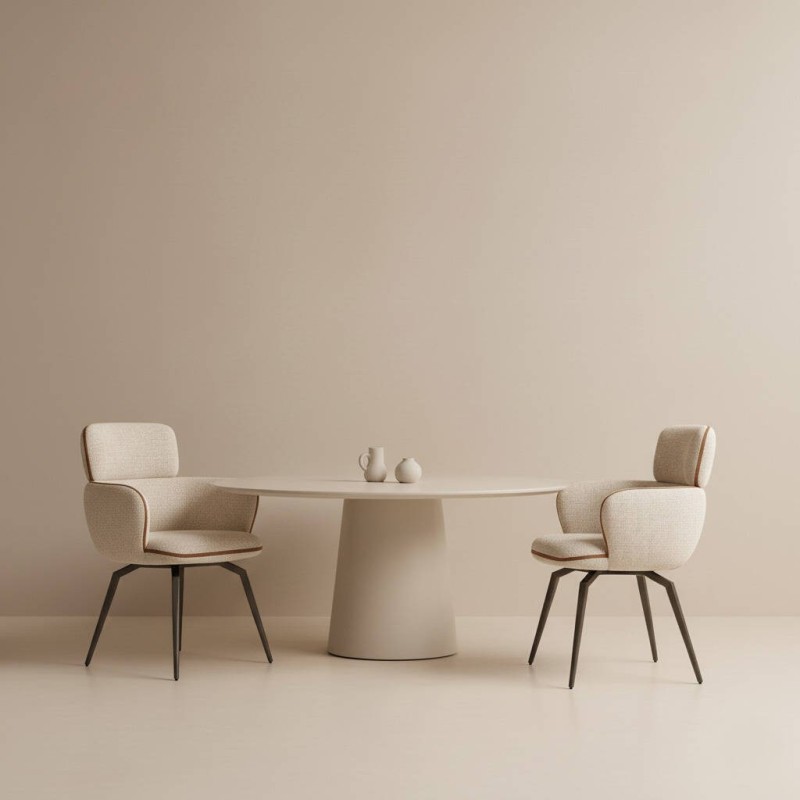 Silla de comedor Oreta tapizada en beige con patas en negro