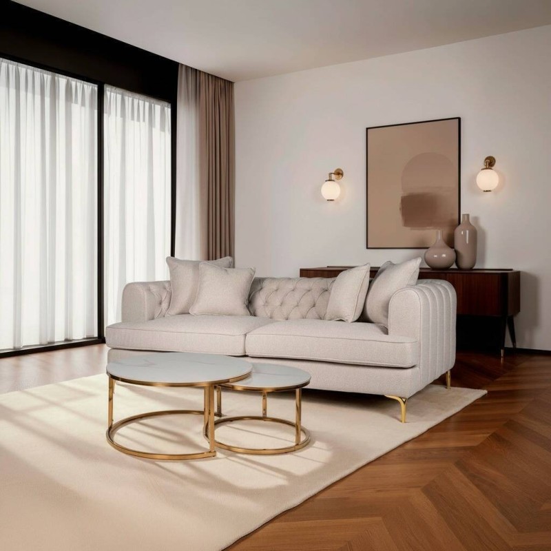 Sofá bellini marfil con capitoné y patas doradas 227x94x76 cm