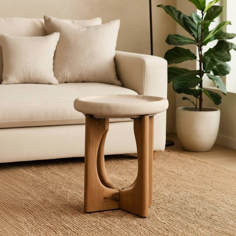 Mesa auxiliar Dune redonda piedra arenisca y madera de mango