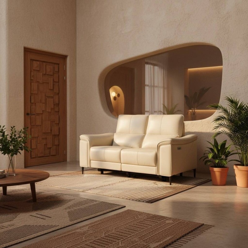 Sofá relax eléctrico 2 plazas Astor en piel beige con reposapies extensible