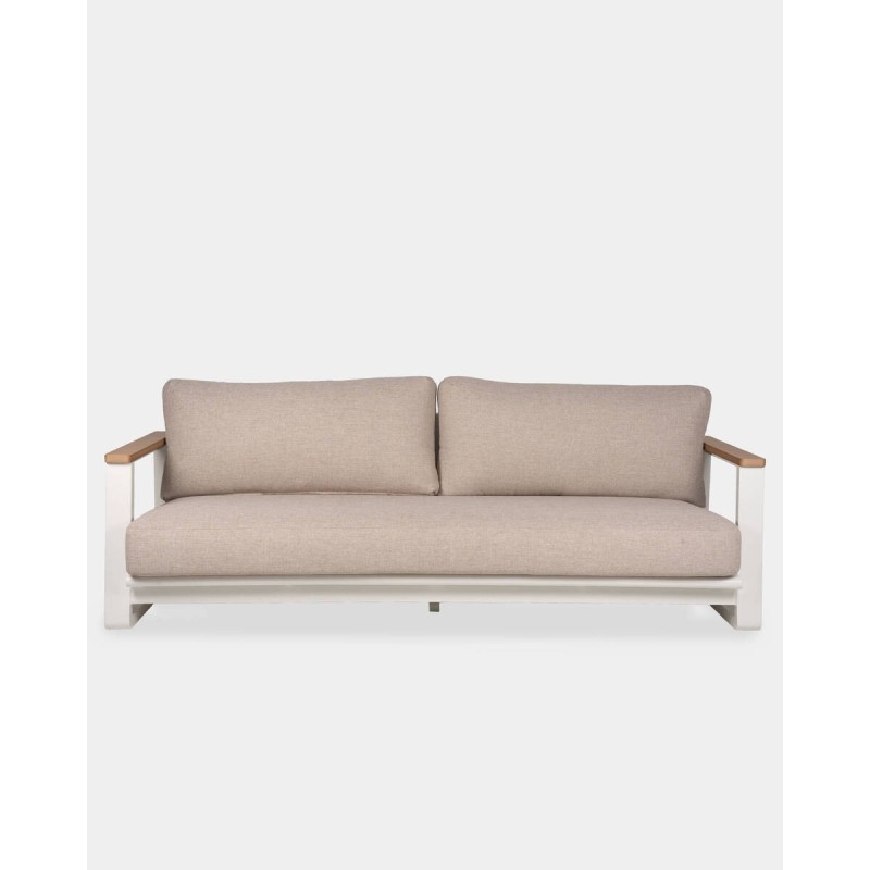 Sofá 3 plazas nappa de aluminio blanco y cojines beige 89x87x76cm
