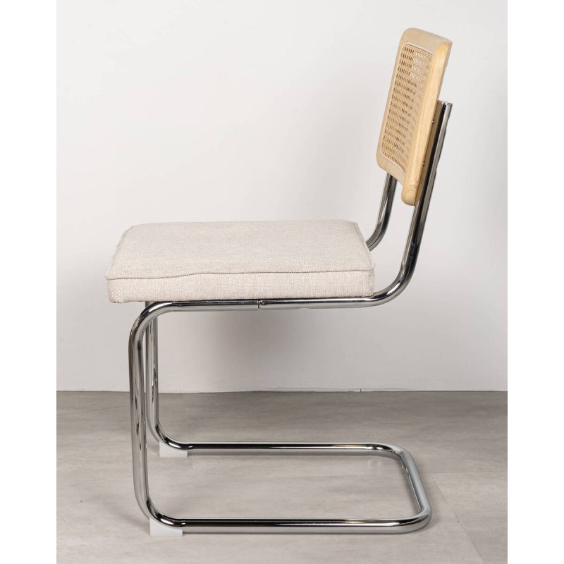 Silla de comedor Nilo en fresno con respaldo de ratán y asiento tapizado