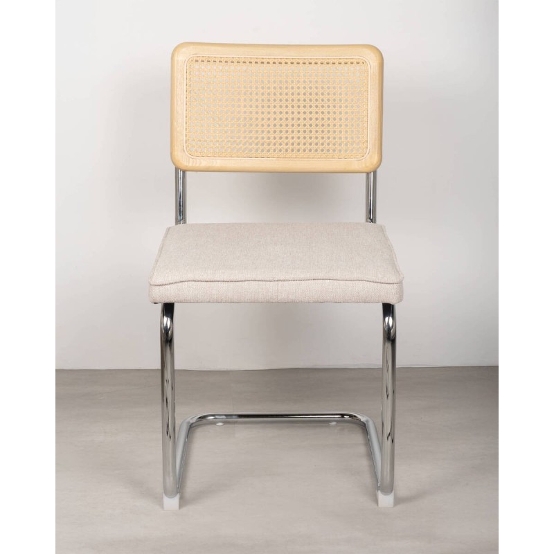 Silla de comedor Nilo en fresno con respaldo de ratán y asiento tapizado