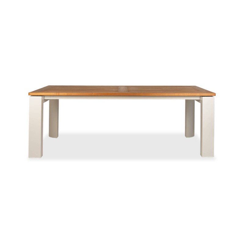 Mesa de comedor tayra con tapa de teca natural y patas de aluminio moka