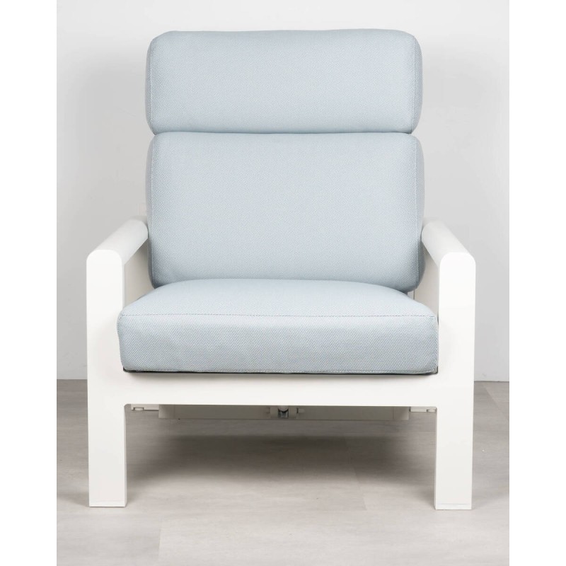 Sillón Santos aluminio blanco alto respaldo y cojines azules