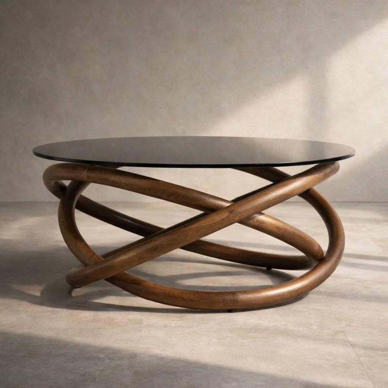 Mesa de centro órbita en cristal ahumado y madera de fresno nogal 90x41cm