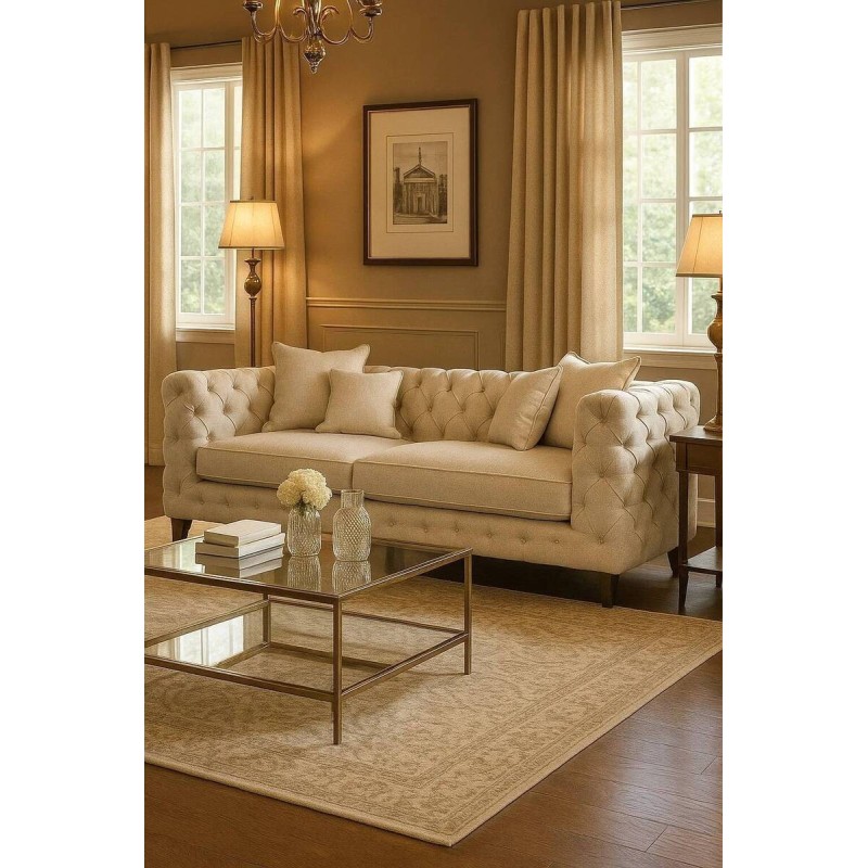 Sofá elysian con capitoné en marfil y patas de pino 249x92x81 cm