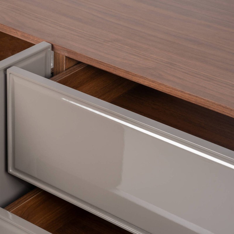 MESA DE TV DE CHAPA DE NOGAL Y LACADO PIEDRA 180x42x61cm