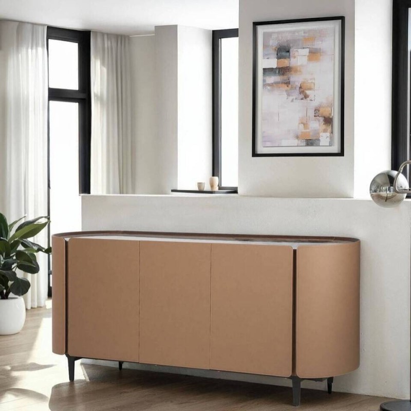 Aparador de chapa de roble y nogal con tapa cerámica blanca 180x44x80cm