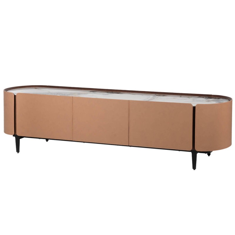 Mesa tv chapa de roble y nogal con tapa cerámica blanca 200x44x50cm