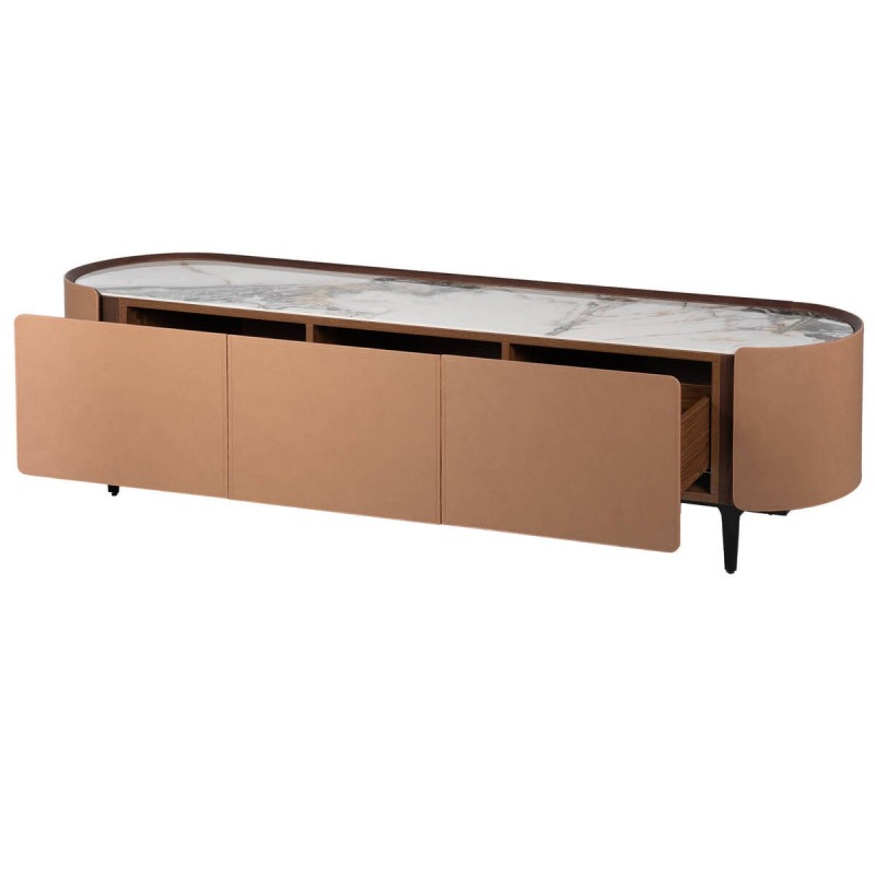 Mesa tv chapa de roble y nogal con tapa cerámica blanca 200x44x50cm