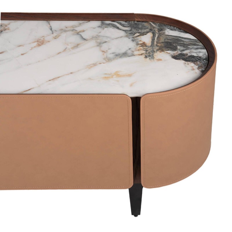 Mesa tv chapa de roble y nogal con tapa cerámica blanca 200x44x50cm