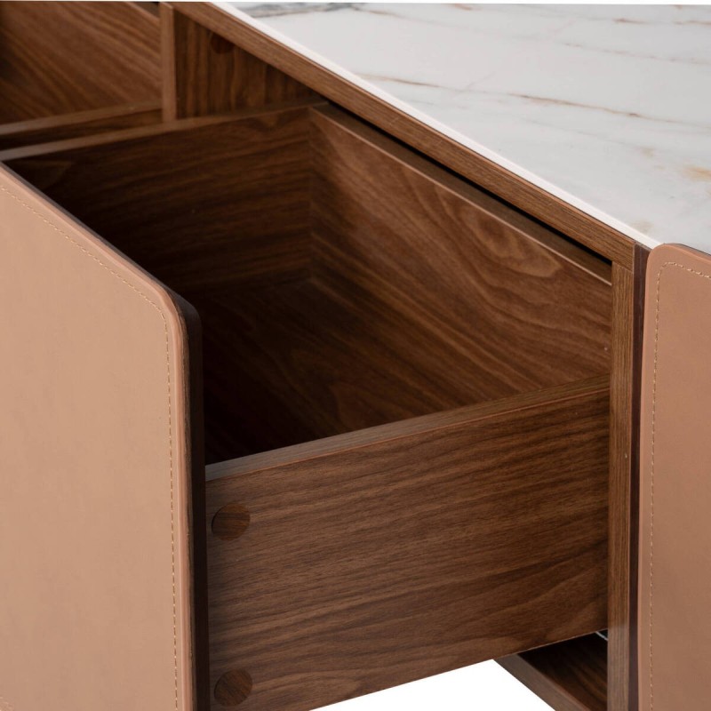 Mesa tv chapa de roble y nogal con tapa cerámica blanca 200x44x50cm