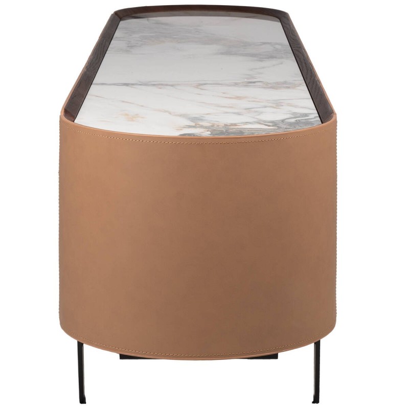 Mesa tv chapa de roble y nogal con tapa cerámica blanca 200x44x50cm