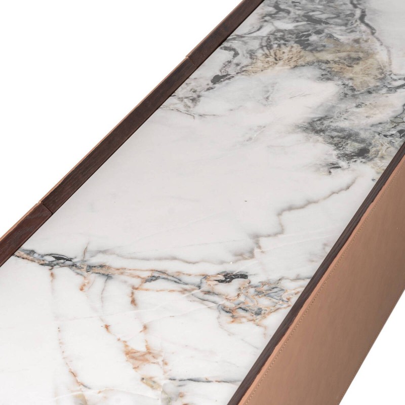 Mesa tv chapa de roble y nogal con tapa cerámica blanca 200x44x50cm