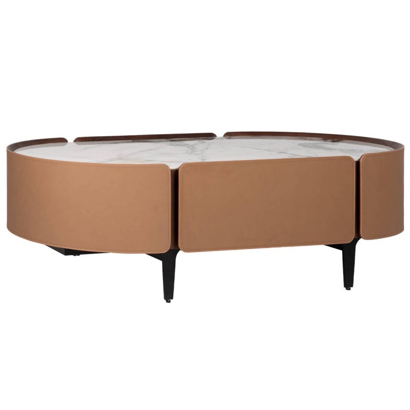 Mesa de centro de chapa de roble y nogal con tapa de cerámica blanca 123x65x40cm