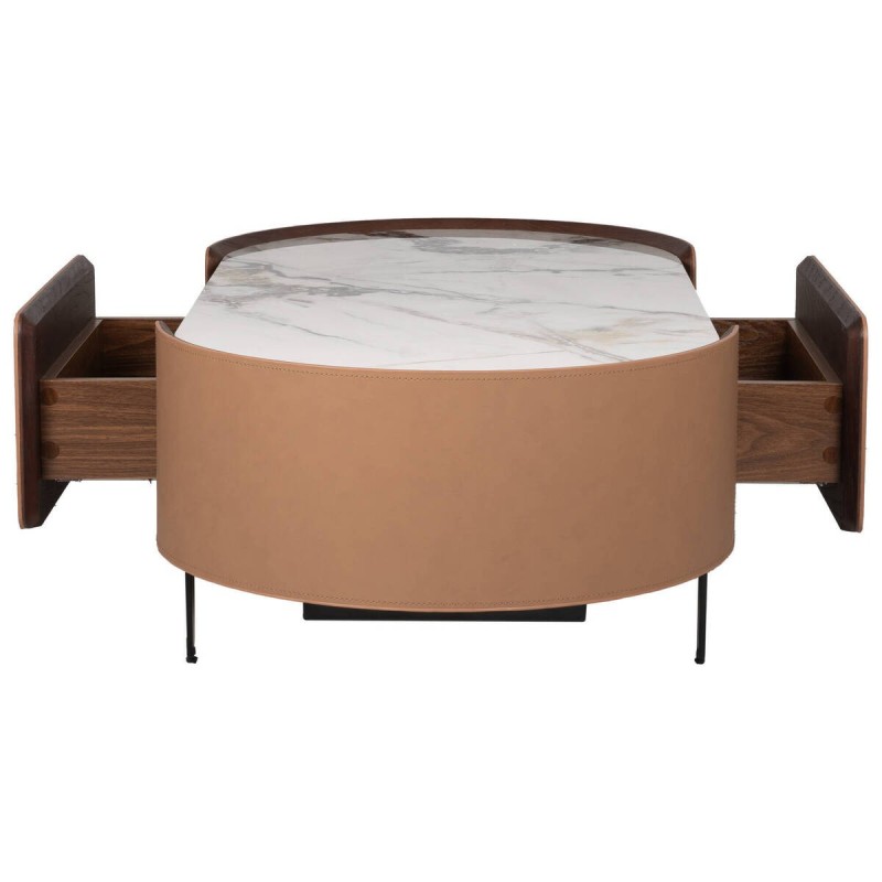 Mesa de centro de chapa de roble y nogal con tapa de cerámica blanca 123x65x40cm