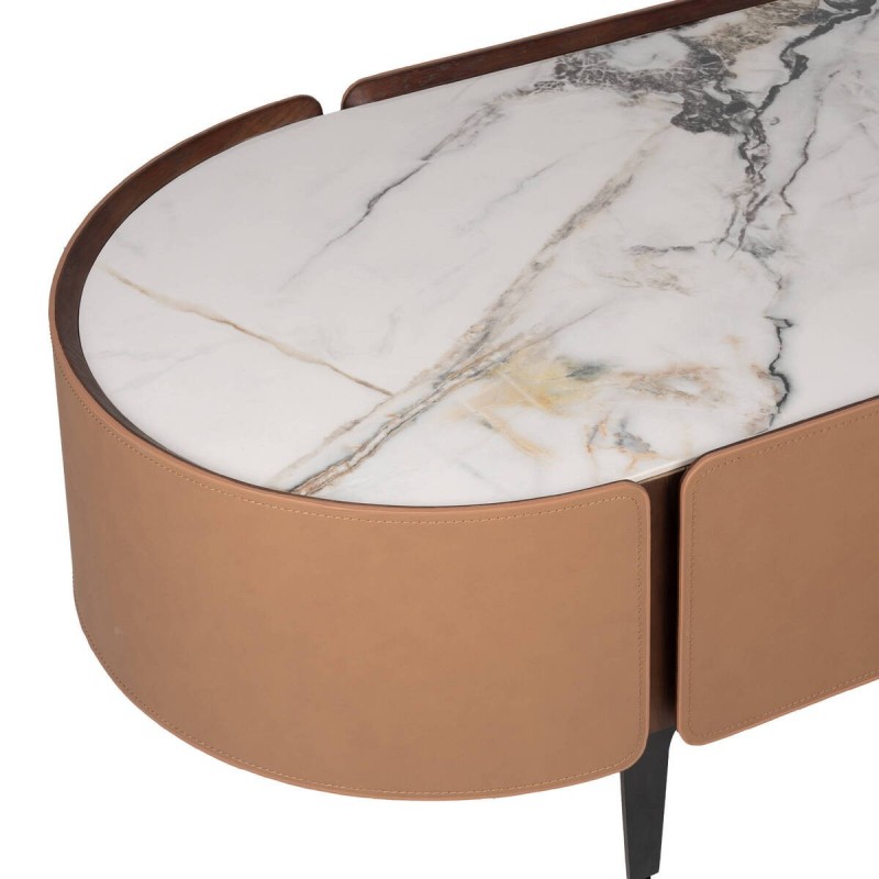 MESA DE CENTRO DE CHAPA DE ROBLE Y NOGAL CON TAPA DE CERÁMICA BLANCA 123x65x40cm