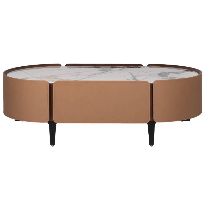 MESA DE CENTRO DE CHAPA DE ROBLE Y NOGAL CON TAPA DE CERÁMICA BLANCA 123x65x40cm