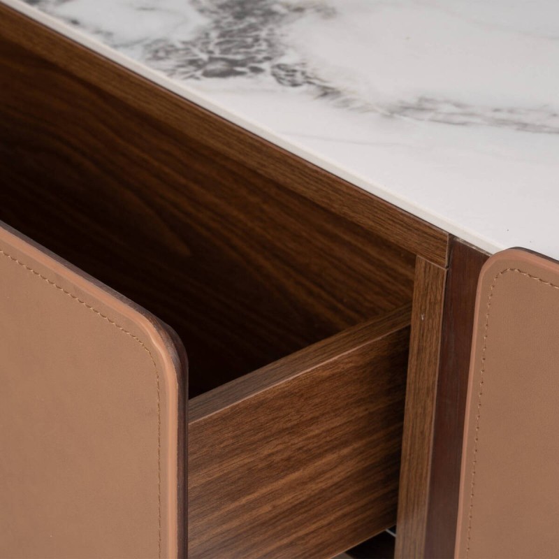 MESA DE CENTRO DE CHAPA DE ROBLE Y NOGAL CON TAPA DE CERÁMICA BLANCA 123x65x40cm