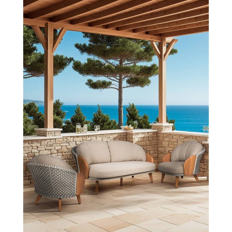 SOFÁ 2 PLAZAS VOLGA RATÁN BLANCO Y NEGRO - BRAZOS MADERA DE TECA 90x52x73cm