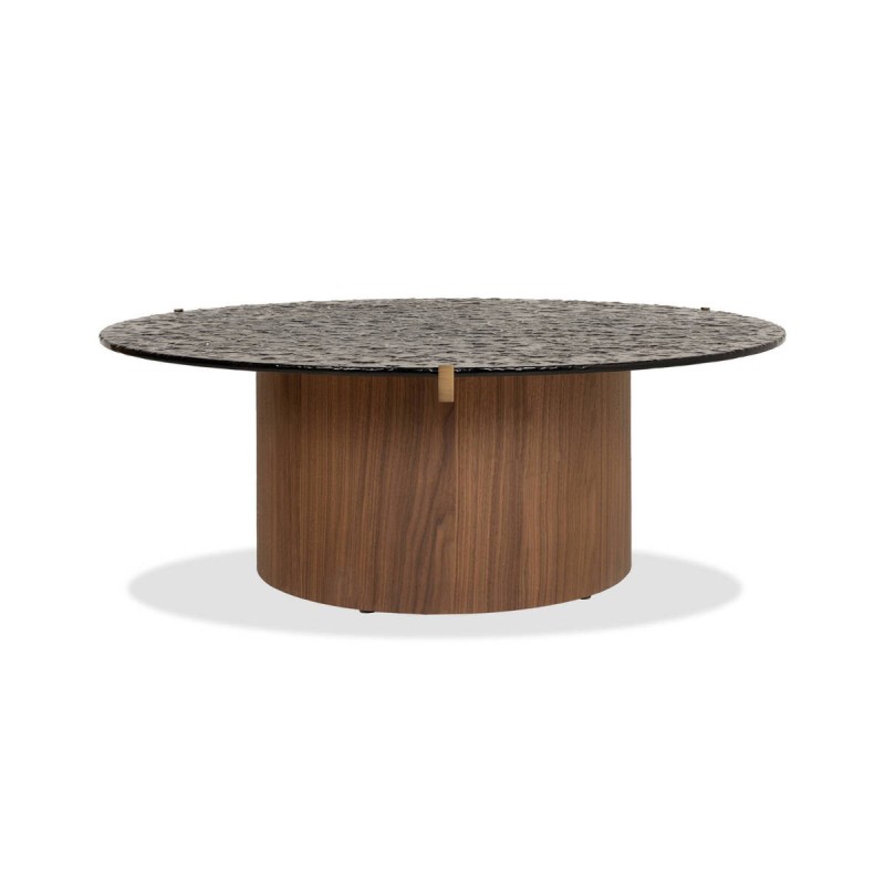 Mesa de centro aurea redonda con tapa de cristal texturizado y base de nogal