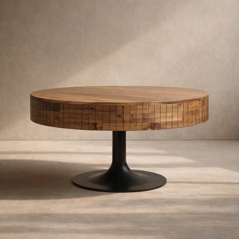 Mesa de centro risco de acacia redonda y una pata de metal 80x80x45cm