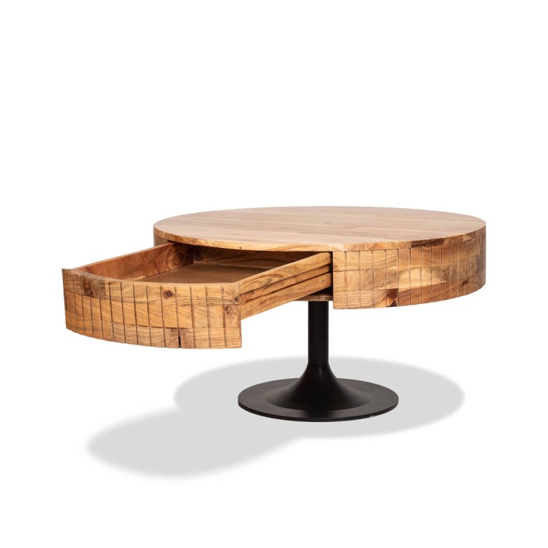 MESA DE CENTRO RISCO DE ACACIA REDONDA Y UNA PATA DE METAL 80x80x45cm
