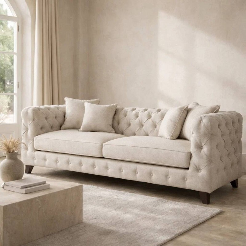 SOFÁ ELYSIAN CON CAPITONÉ EN MARFIL Y PATAS DE PINO 249x92x81 cm