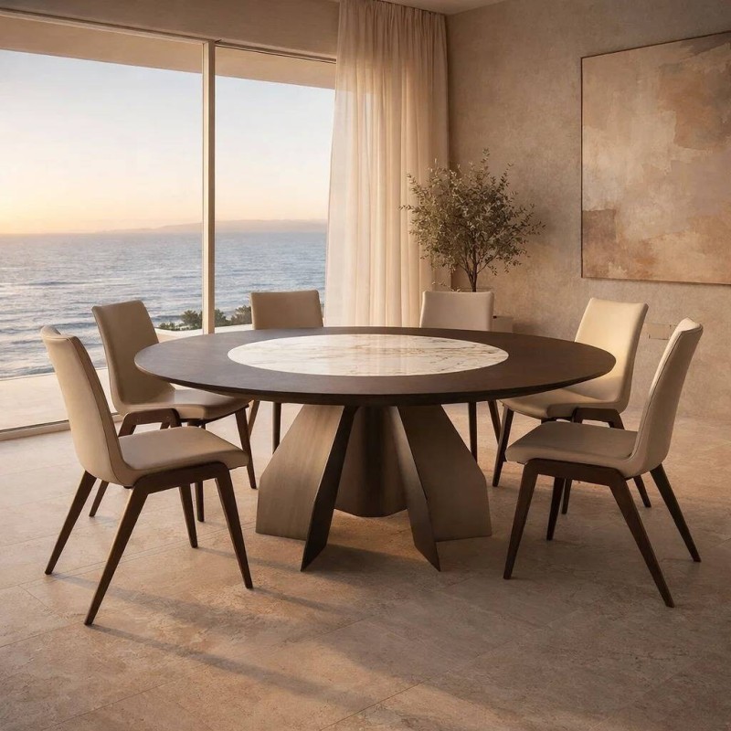 Mesa de comedor redonda Ola con encimera cerámica y base metálica 180cm