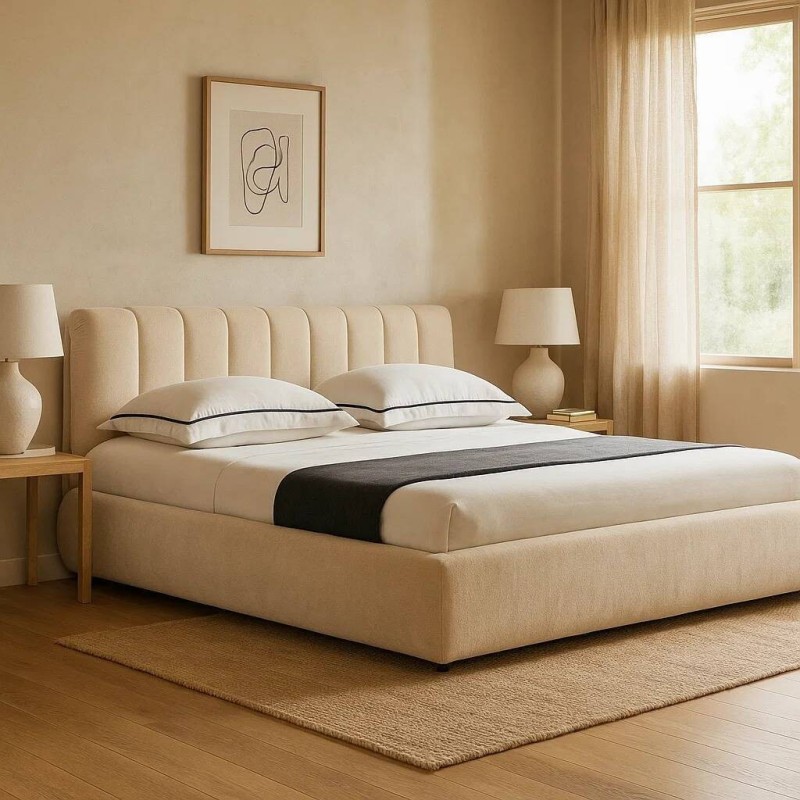 Cama tapizada beige con cabecero acolchado 180x200