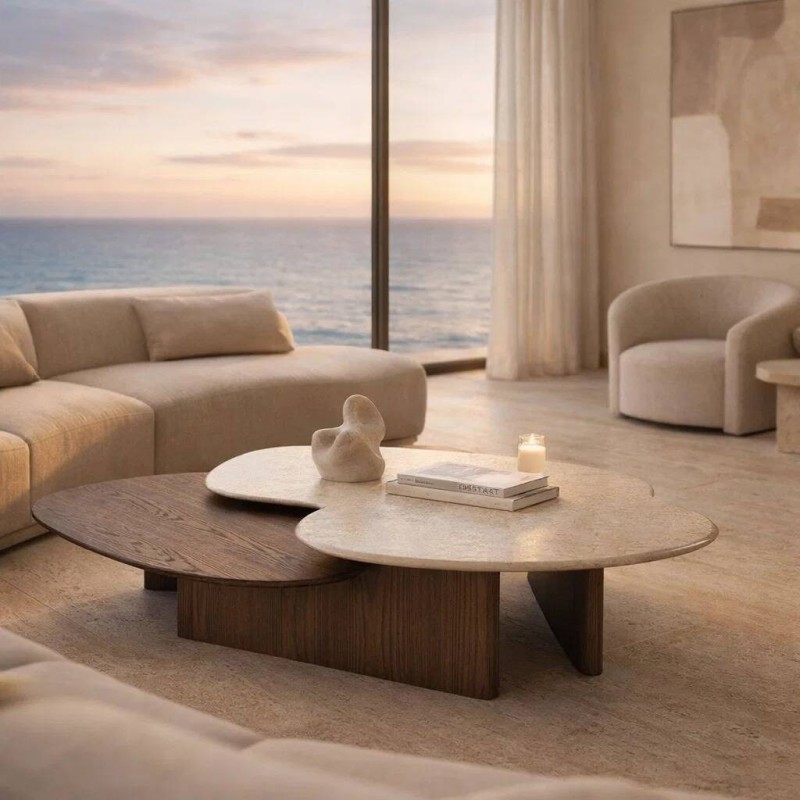 Mesa de centro Armonía doble con madera y acabado craquelado