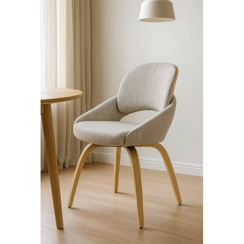 Silla de comedor Nur giratoria tapizada con patas curvadas de madera y respaldo de roble