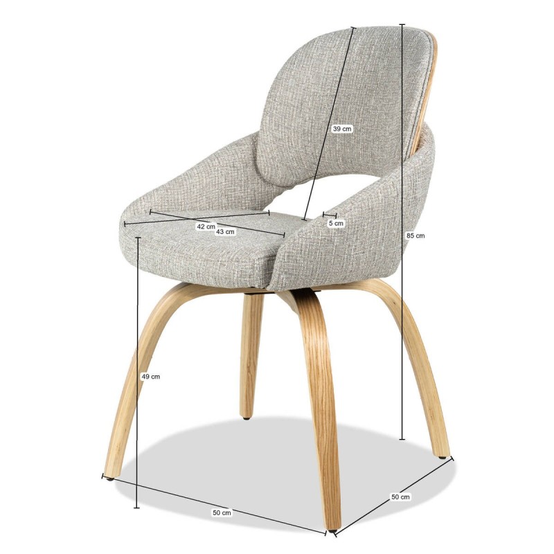 Silla de comedor Nur giratoria tapizada con patas curvadas de madera y respaldo de roble
