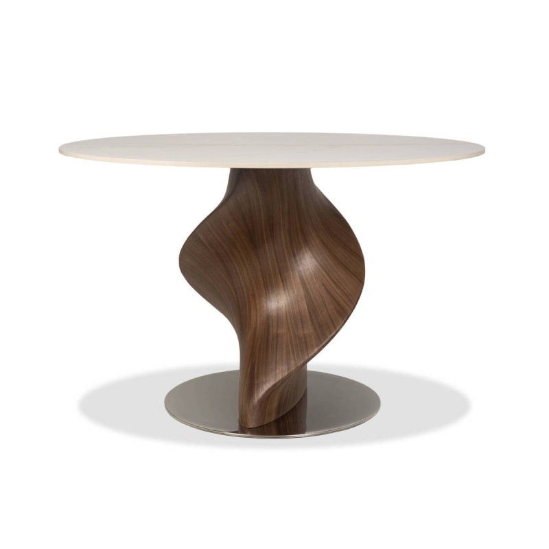 Mesa redonda mistral de cerámica con base escultórica en nogal 120x76cm