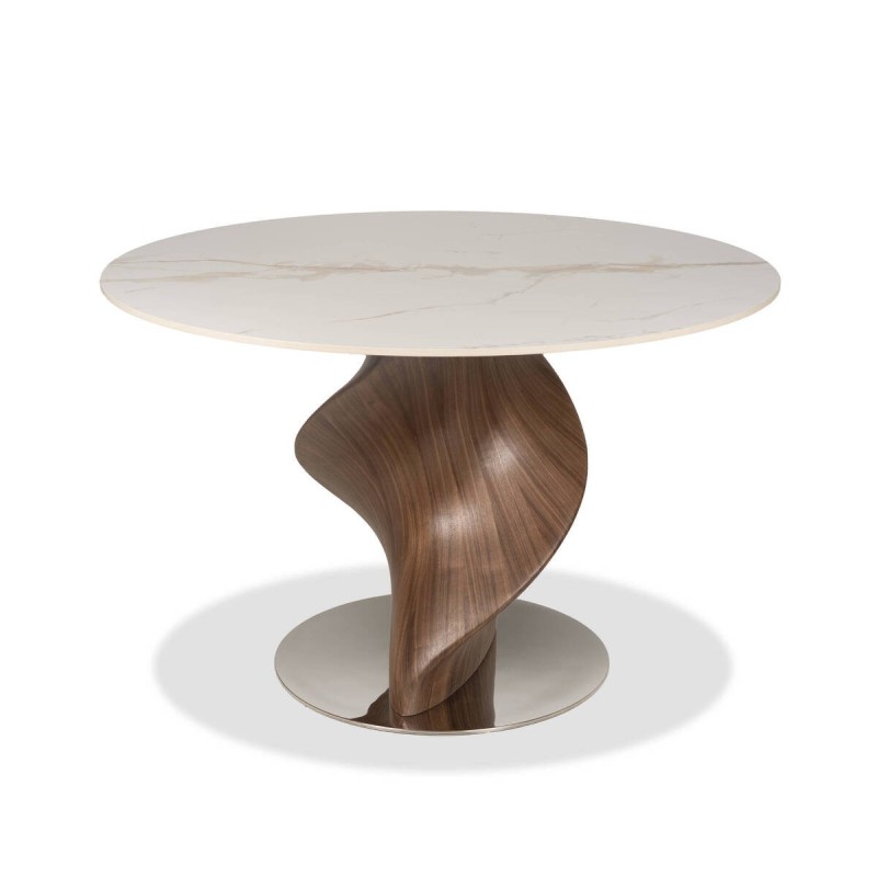 Mesa redonda mistral de cerámica con base escultórica en nogal 120x76cm