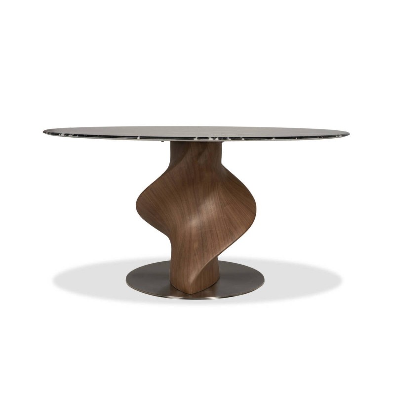 Mesa redonda syrma de cerámica con base escultórica en nogal 150x76cm