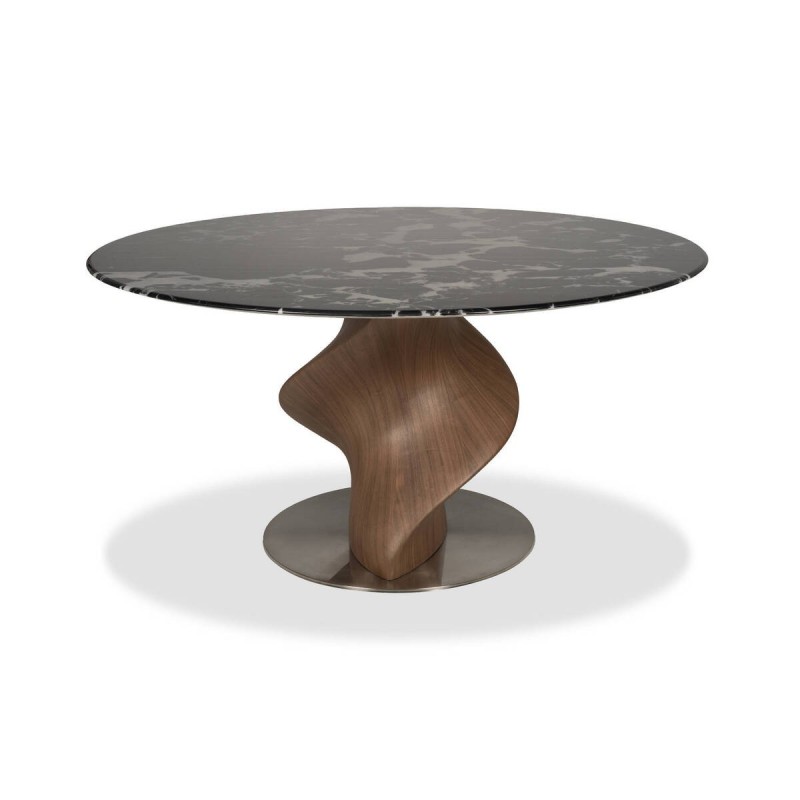 Mesa redonda syrma de cerámica con base escultórica en nogal 150x76cm