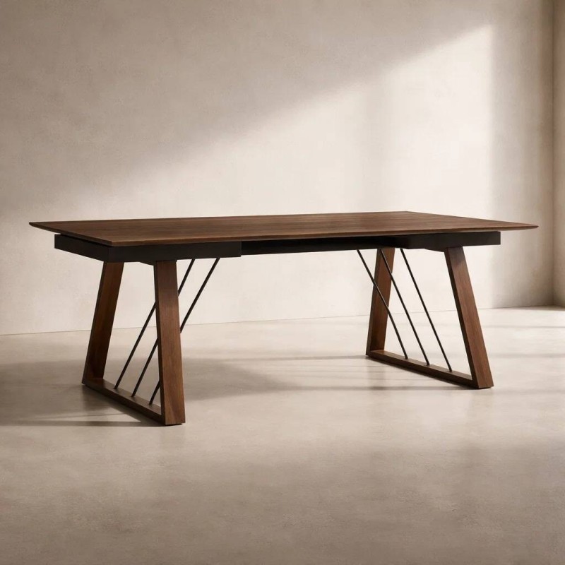 Mesa de comedor extensible walnut con tapa de cerámica y patas geométricas 270/180x100x76cm